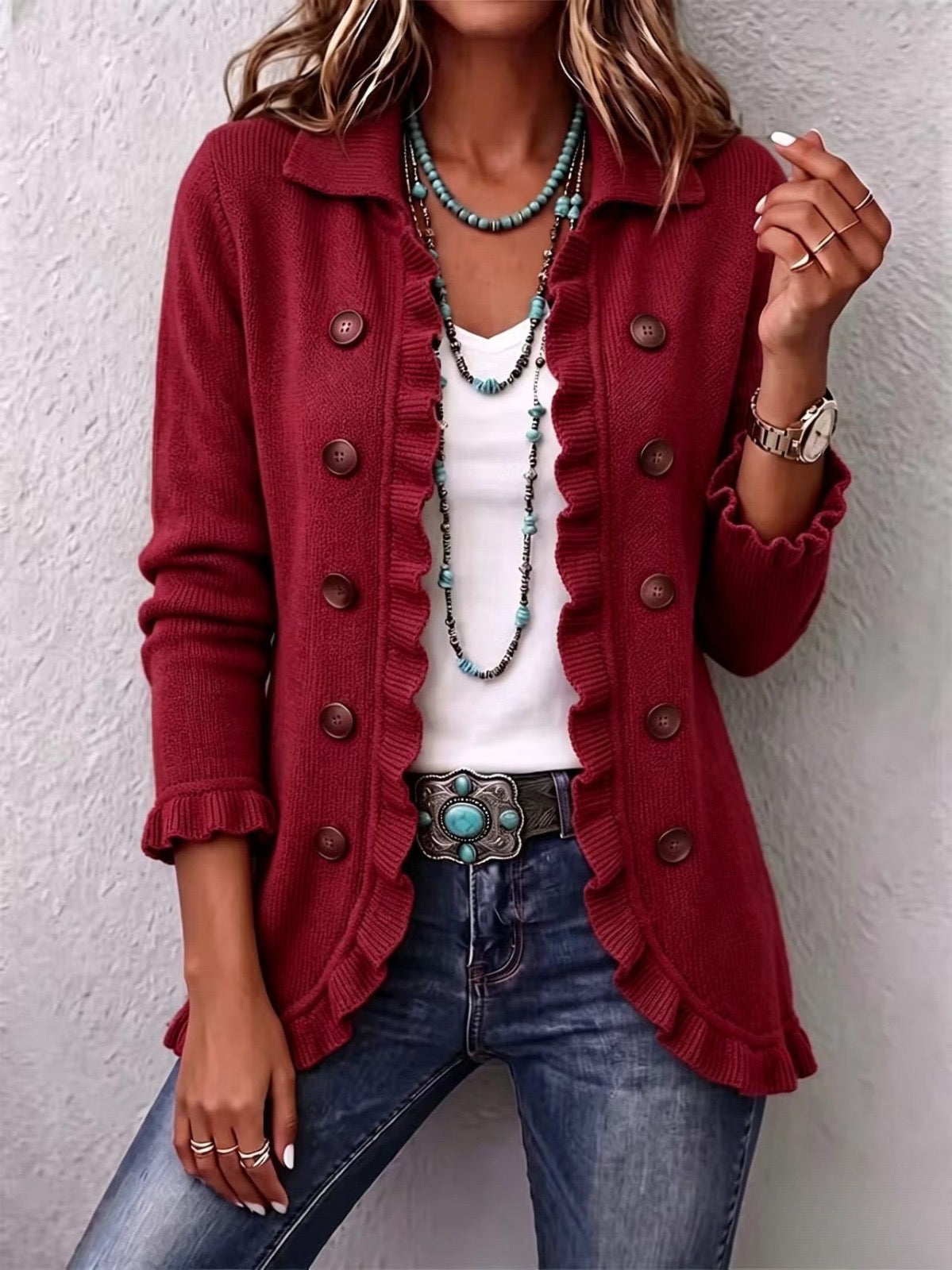 Margot – veste côtelée rouge rubis à volants