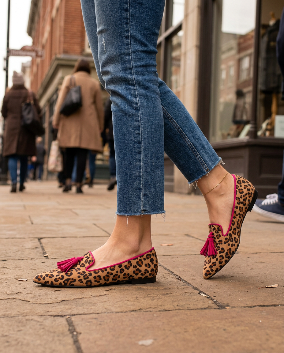 Geneviève | Mocassin léopard effet daim, pampilles fuchsia