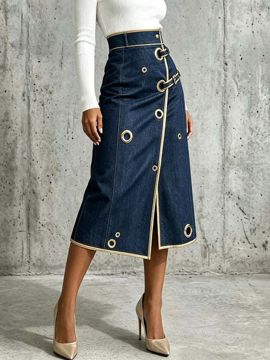 Ismérie | Jupe midi en jean à bordures dorées