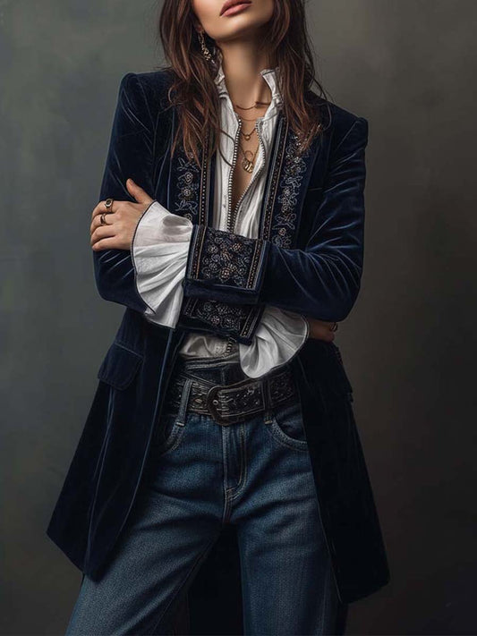 Athénaïs – veste longue brodée vintage bleu marine, vue 2