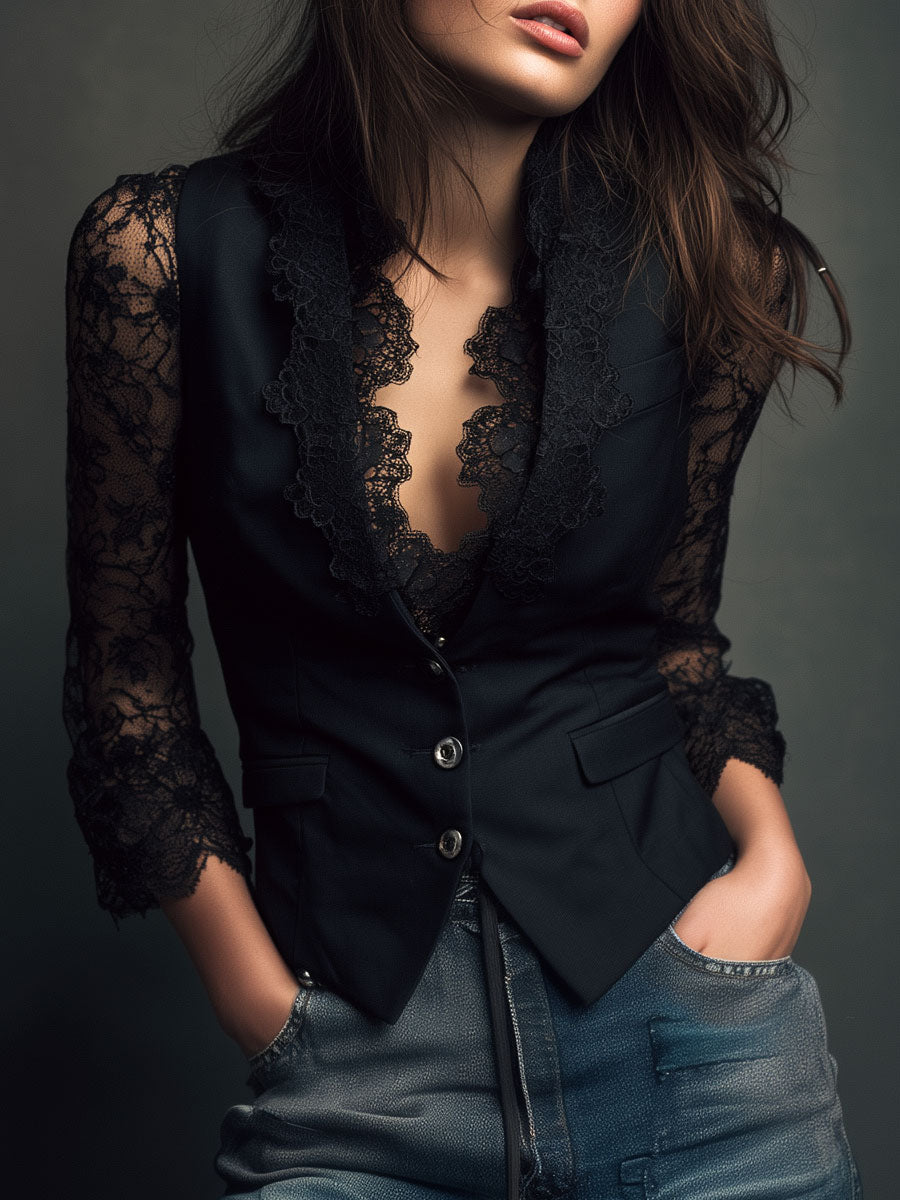 Servane – haut blazer noir à manches semi-transparentes