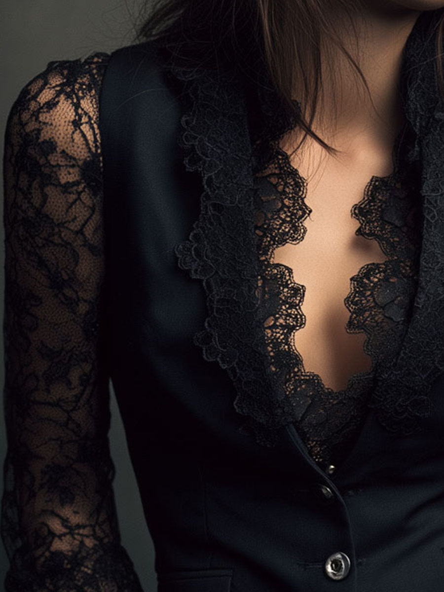 Servane | Haut blazer noir à manches semi-transparentes