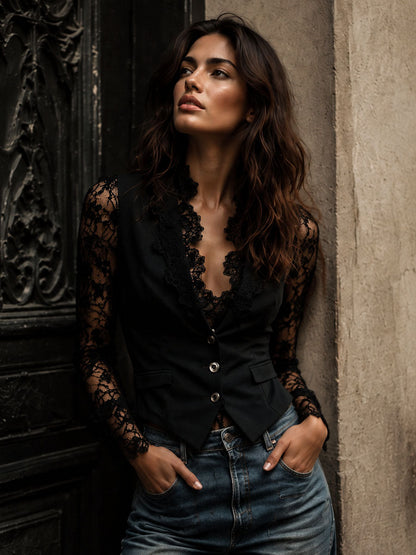 Servane – haut blazer noir à manches semi-transparentes, vue 2