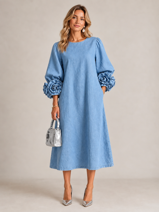 Nathalie | Robe midi en chambray à rosettes