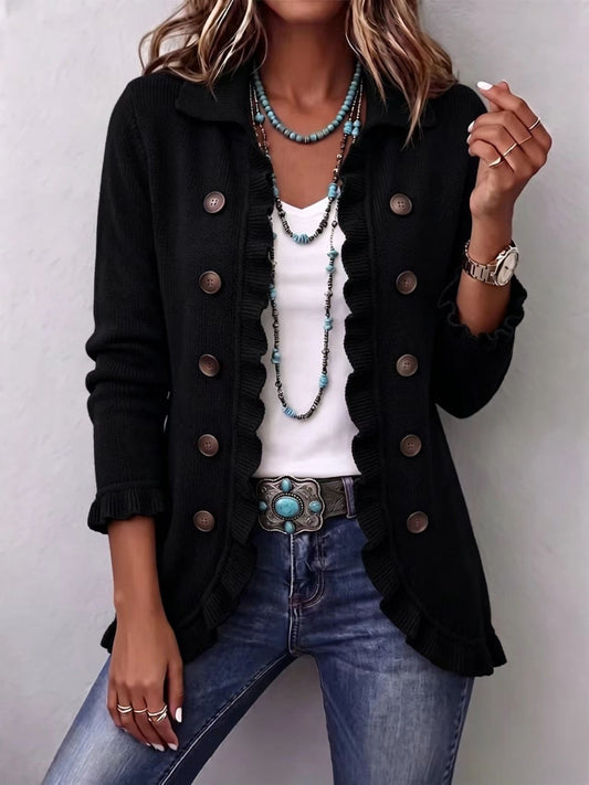 Judith – veste côtelée noir intense à volants