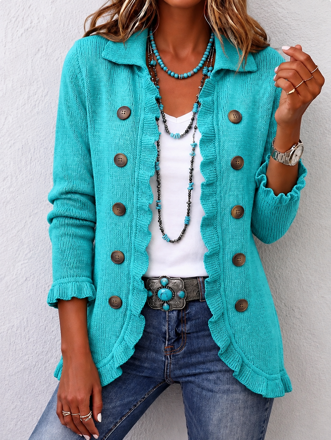 Suzanne – veste côtelée turquoise à volants