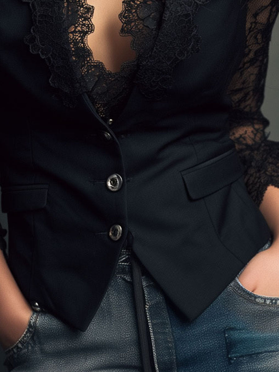 Servane | Haut blazer noir à manches semi-transparentes