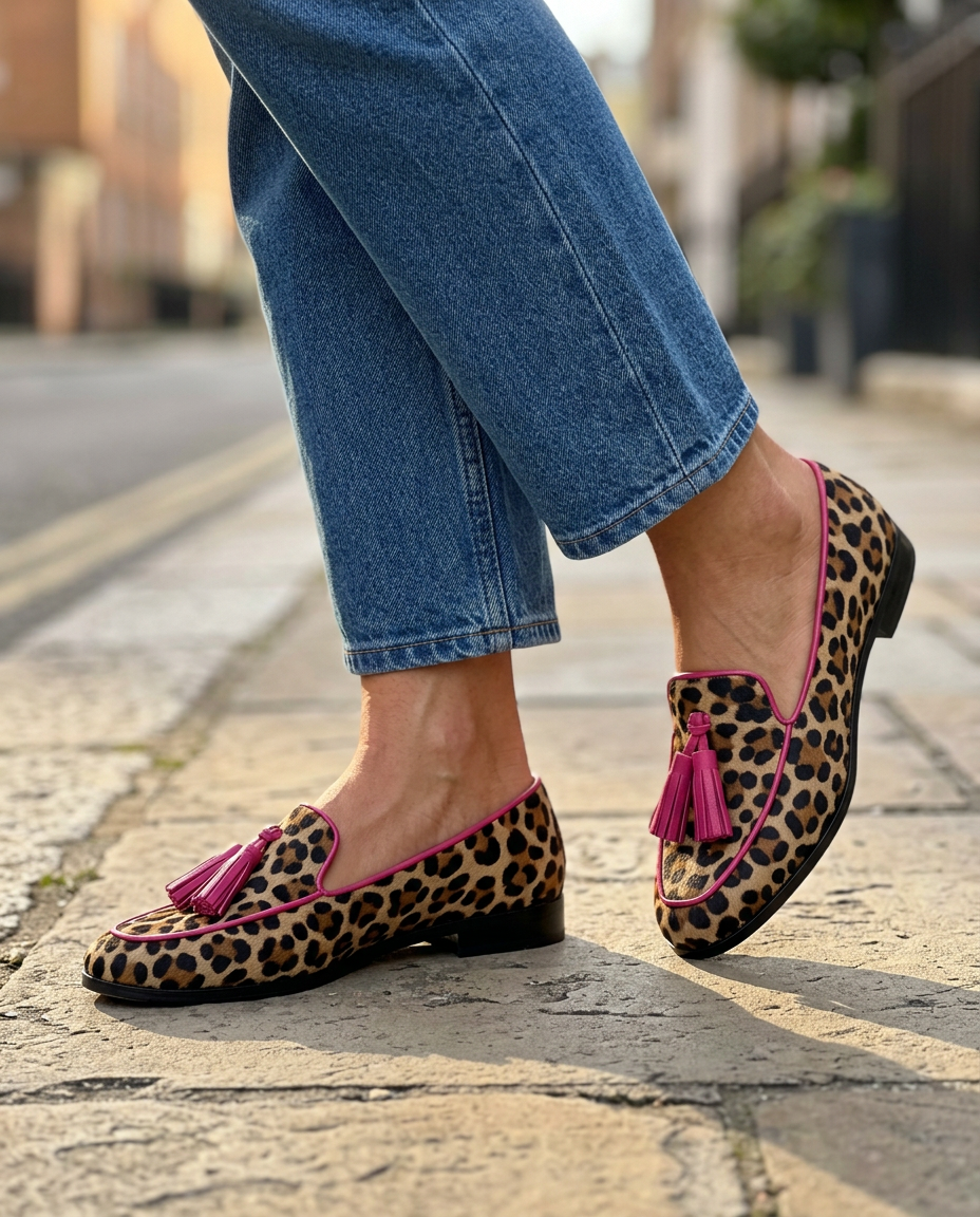 Flavie | Mocassin léopard à liserés et pampilles fuchsia