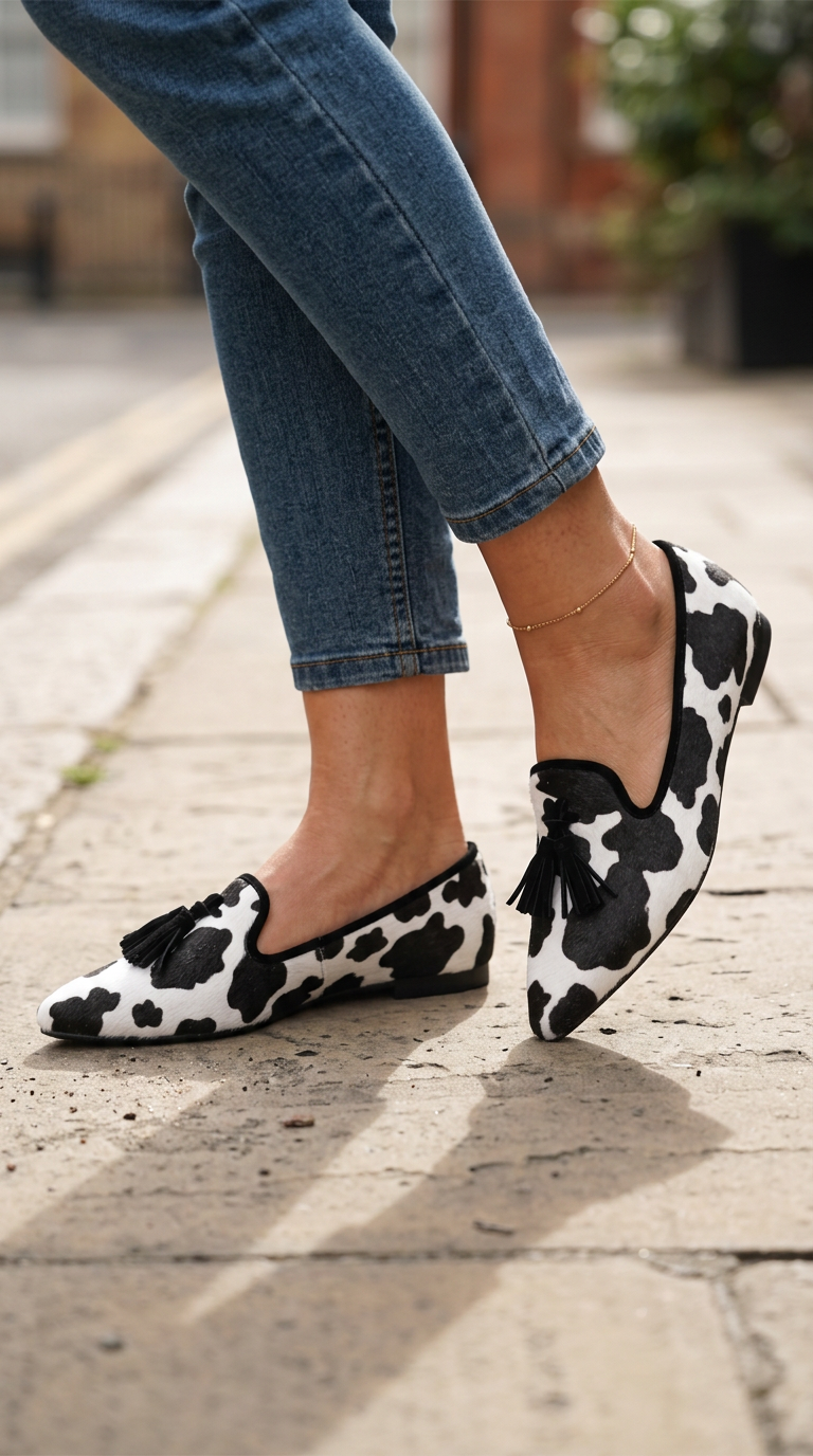 Geneviève | Mocassin vache noir et blanc, pampilles noires