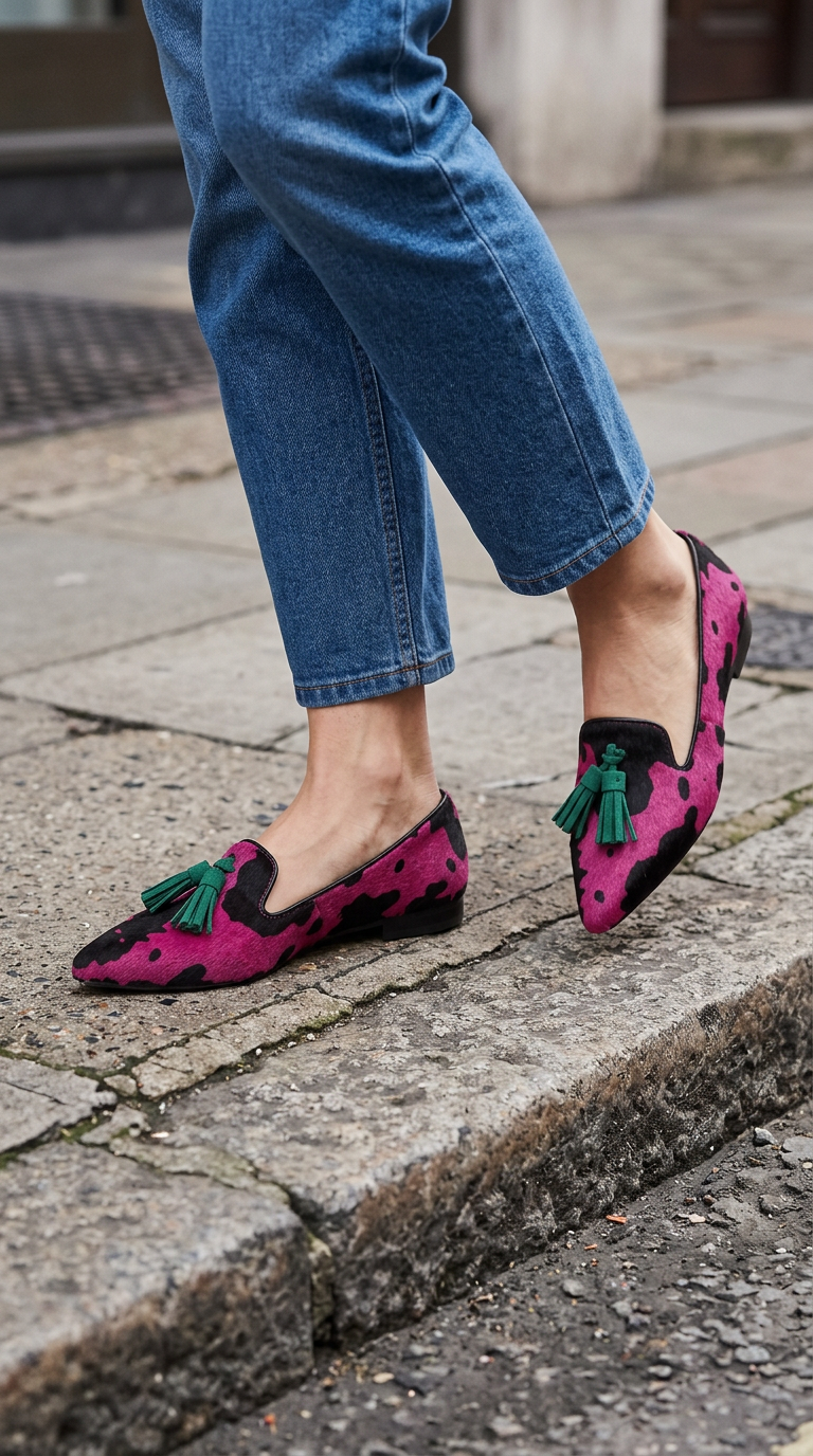 Geneviève | Mocassin vache fuchsia, pampilles vertes