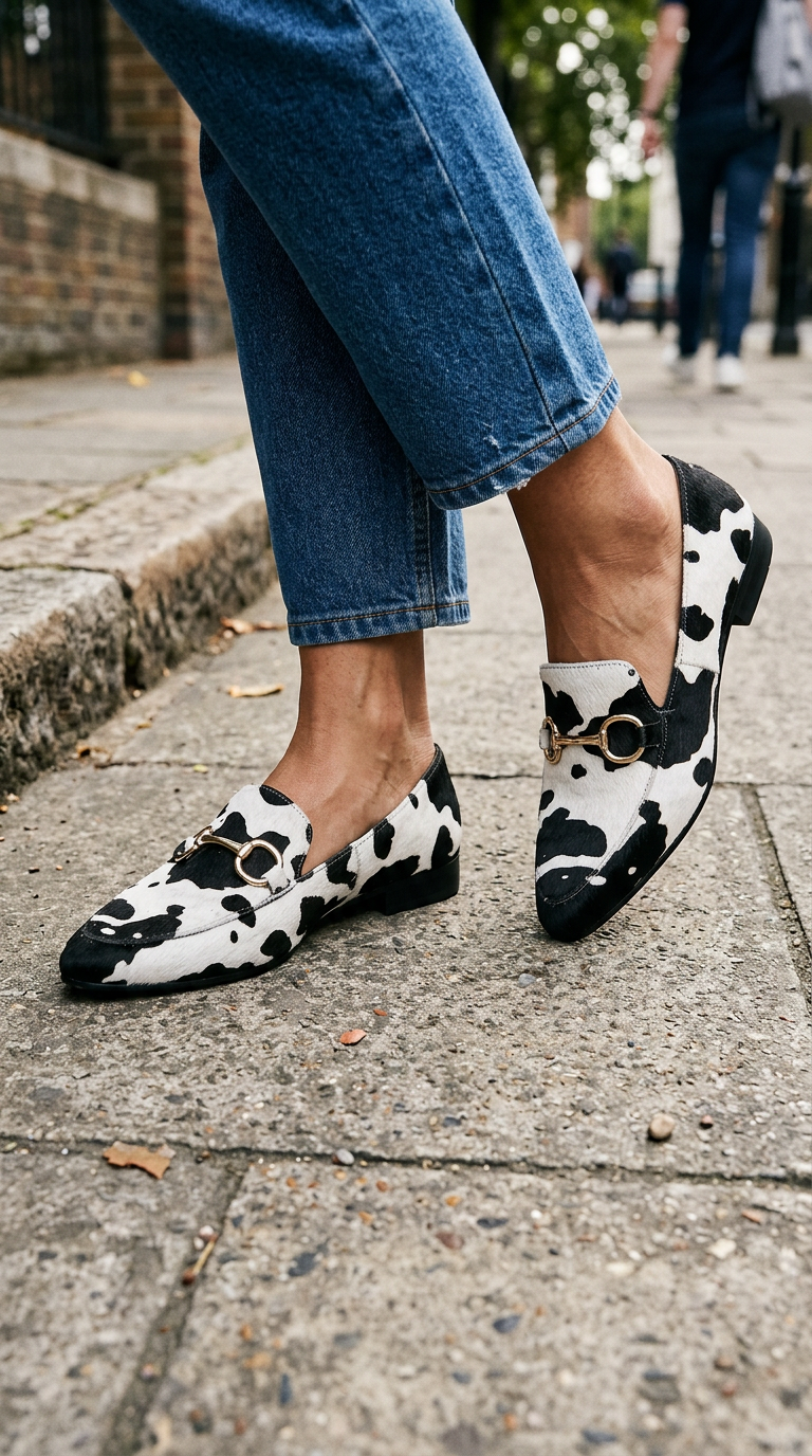 Margaux | Mocassin effet poil imprimé tacheté noir et blanc
