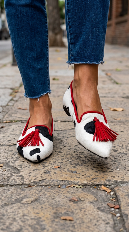 Geneviève | Mocassin vache noir et blanc, pampilles rouges