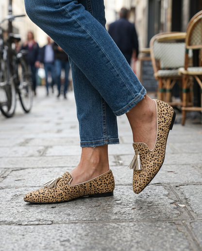 Geneviève | Mocassin guépard, pampilles dorées