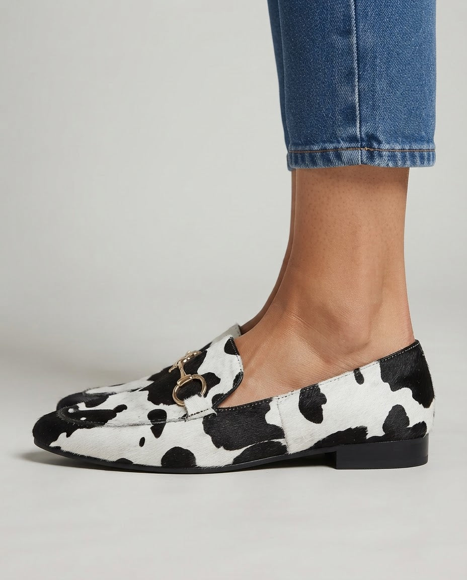 Margaux | Mocassin effet poil imprimé tacheté noir et blanc