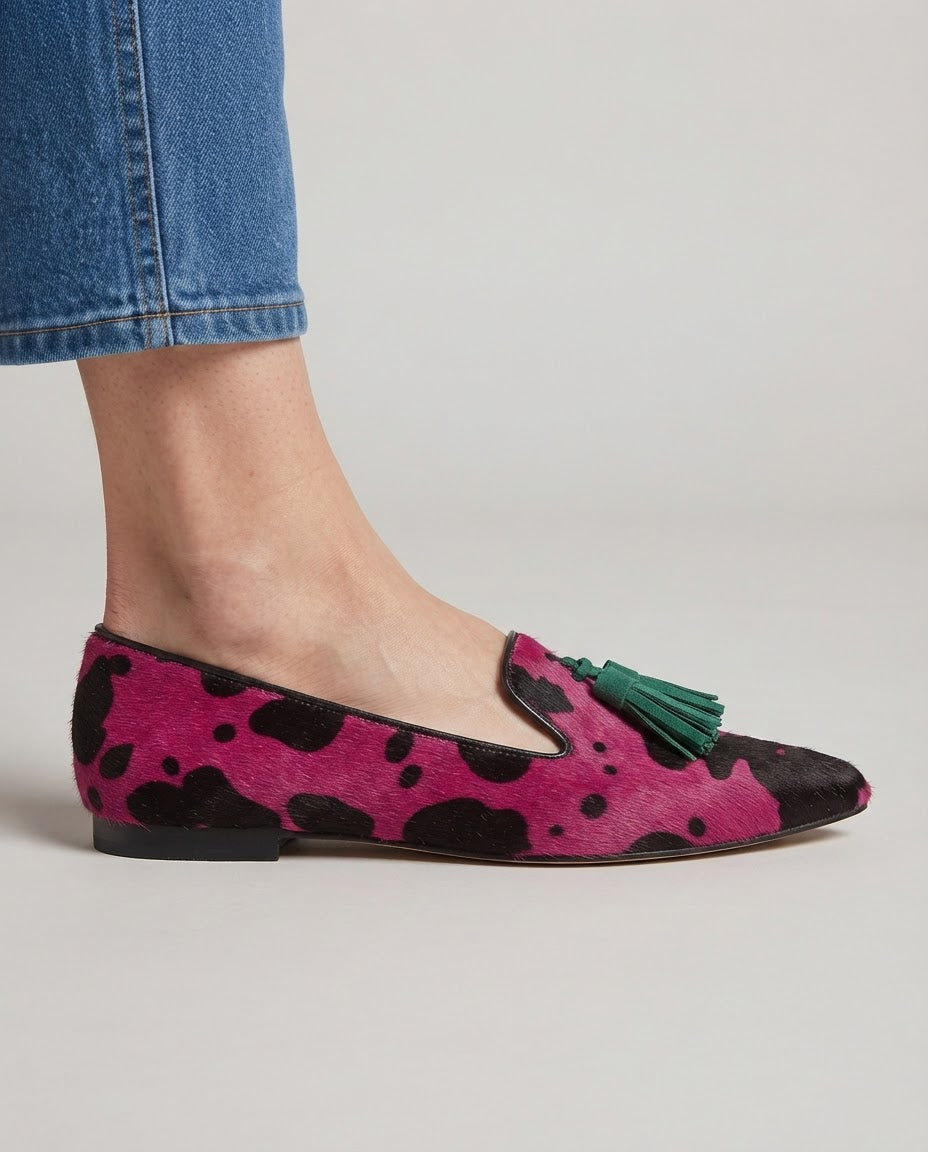 Geneviève | Mocassin vache fuchsia, pampilles vertes