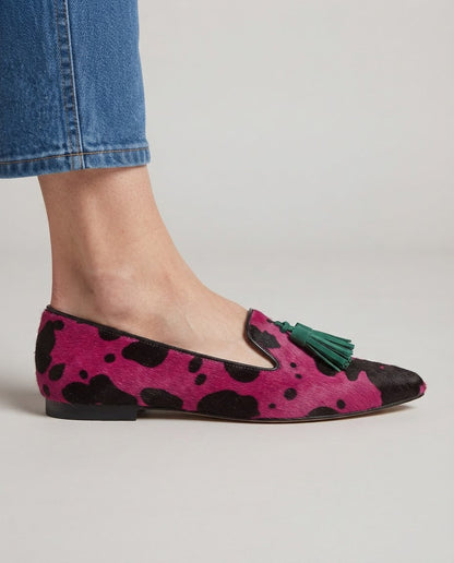 Geneviève | Mocassin vache fuchsia, pampilles vertes