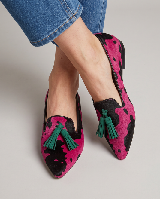 Geneviève | Mocassin vache fuchsia, pampilles vertes