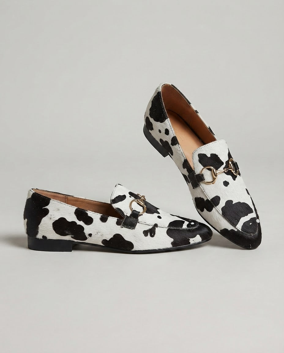 Margaux | Mocassin effet poil imprimé tacheté noir et blanc
