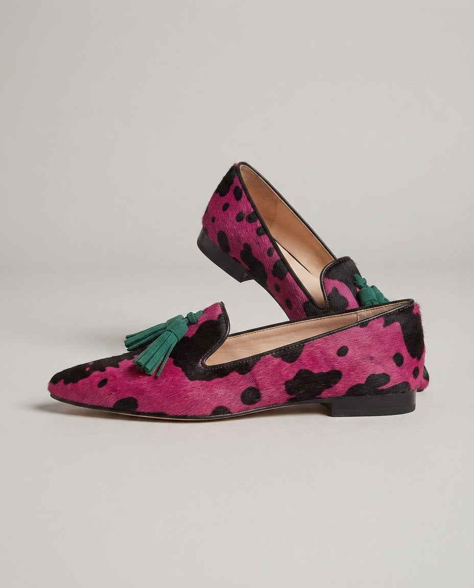Geneviève | Mocassin vache fuchsia, pampilles vertes