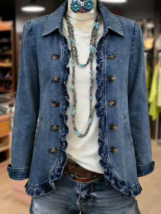 Mireille – veste bleu moyen à volants
