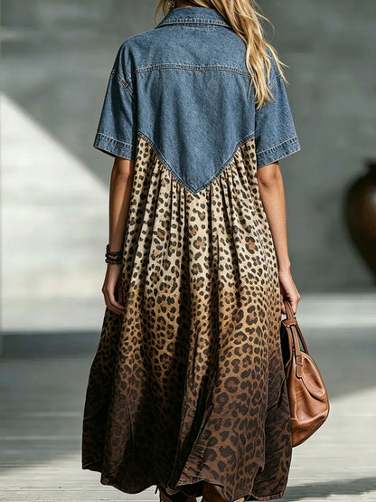 Blandine | Robe midi denim et léopard