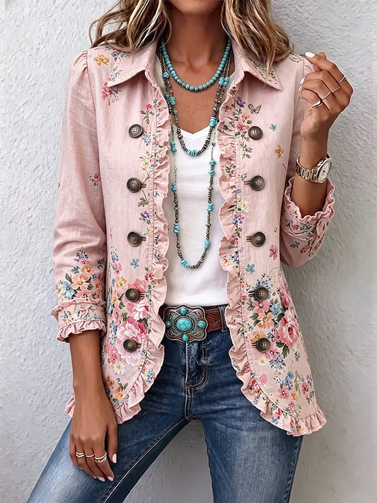 Maud – veste fleurie rose à volants