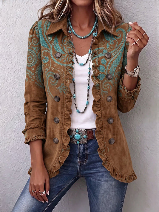 Sandrine – veste paisley marron à volants