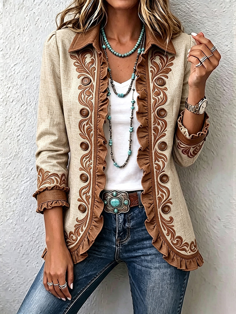Octavie – veste bohème fleurie camel et marron