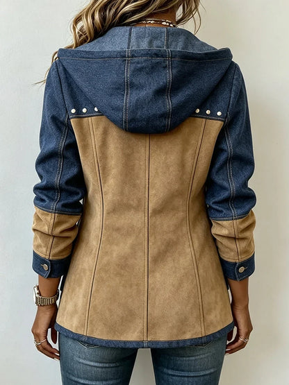 Paule – veste à capuche bleu marine et camel, détail