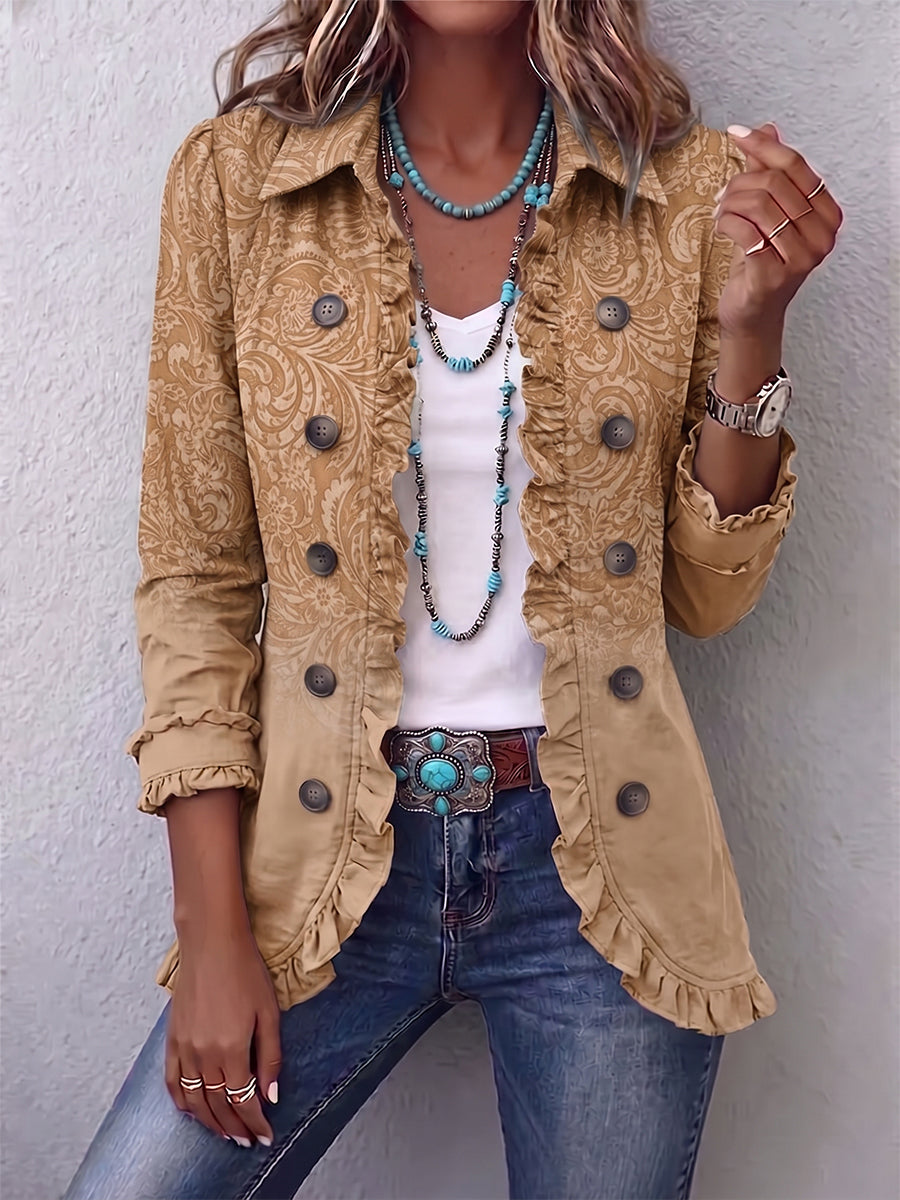 Claire – veste western imprimée kaki à volants